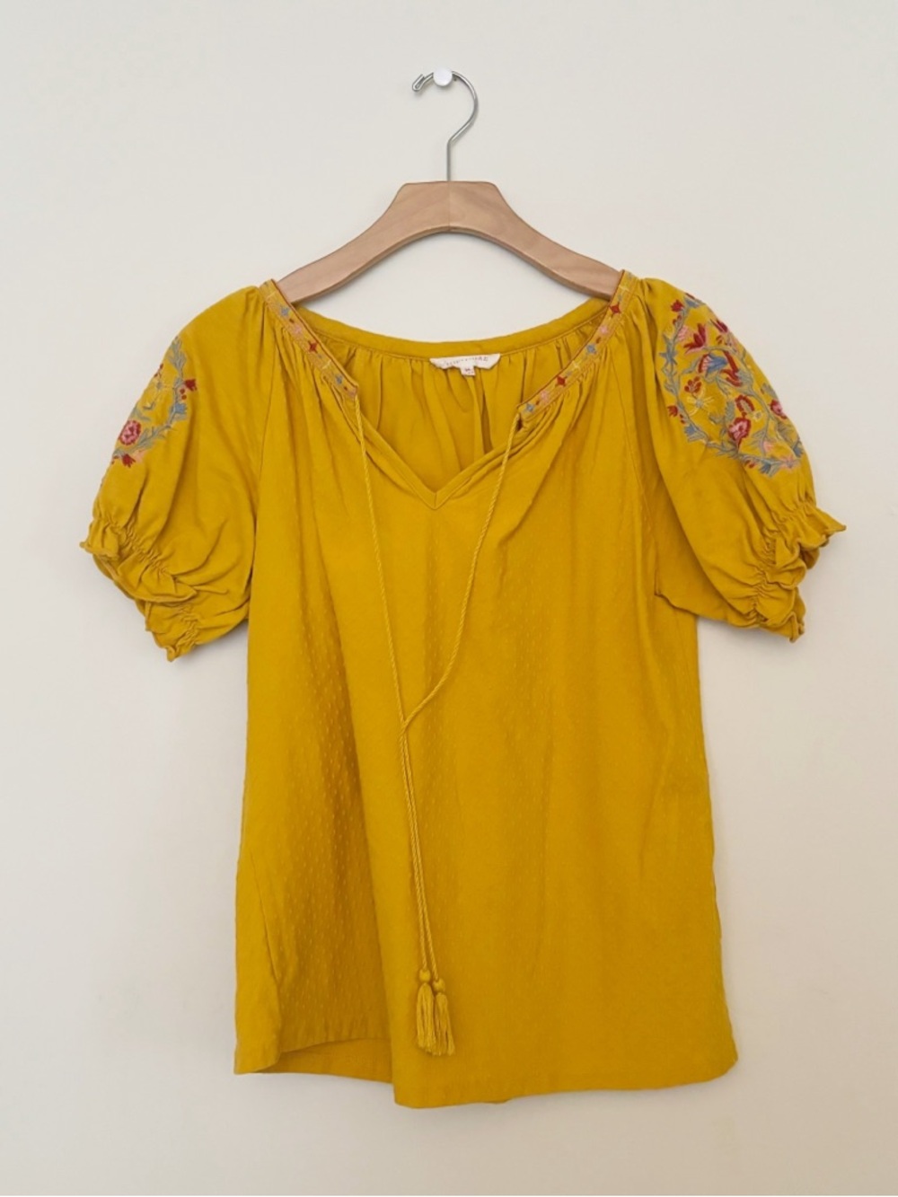 Solitaire Embroidered Puff Sleeve Peasant Blouse Womens Size Medium Boho Floral